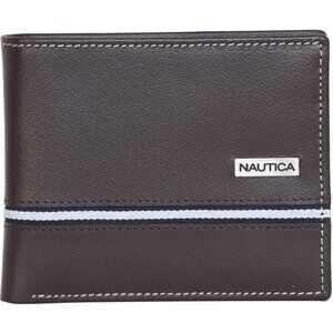 Nautica Men's Bifold Leather Wallet Brown Logo Ribbon RFID Blocking ID Window